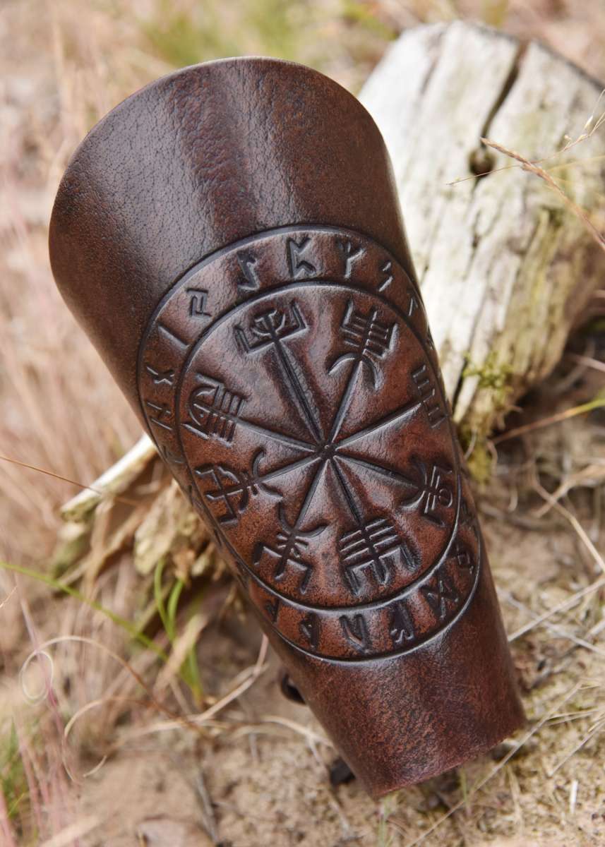 Protège-bras Viking en cuir Vegvísir marron – Manchette nordique de bras embossée